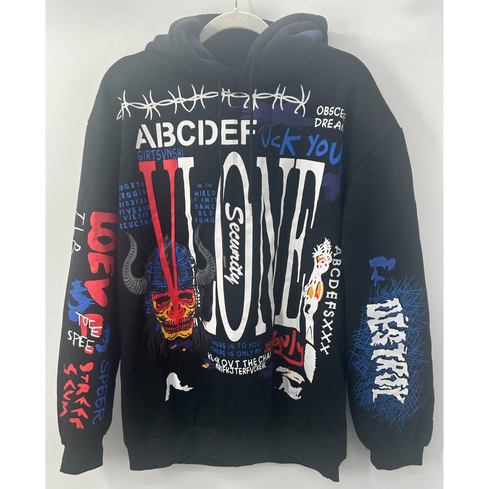 NWT VLONE Graffiti ABCDef Big V Pullover Black Hoodie 2XL Sweatshirt XXL